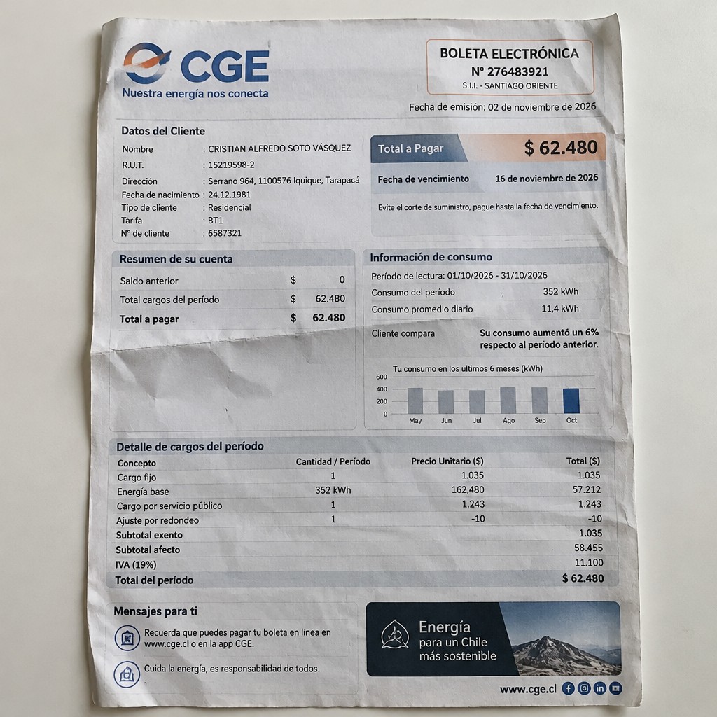 Create a statement, an electricity bill in CHILE. The A4 statement should be realistic, as if it were photographed on a phone. The document should be on a white background. The document must be for the last 3 months of October 2026. The document should contain several transactions and be wrinkled at the edges.
Name CRISTIAN ALFREDO SOTO VÁSQUEZ
Address Serrano 964, 1100576 Iquique, Tarapacá
R.U.T. 15219598-2
Date of birth 24.12.1981