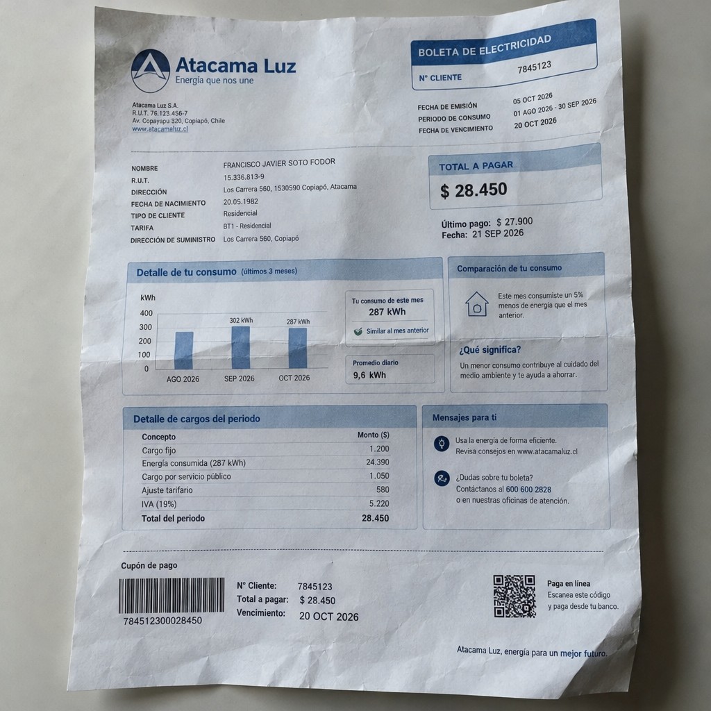 Create a statement, an electricity bill in CHILE. The A4 statement should be realistic, as if it were photographed on a phone. The document should be on a white background. The document must be for the last 3 months of October 2026. The document should contain several transactions and be wrinkled at the edges.
Name FRANCISCO JAVIER SOTO FODOR
Address Los Carrera 560, 1530590 Copiapó, Atacama
R.U.T. 15336813-9
Date of birth 20.05.1982