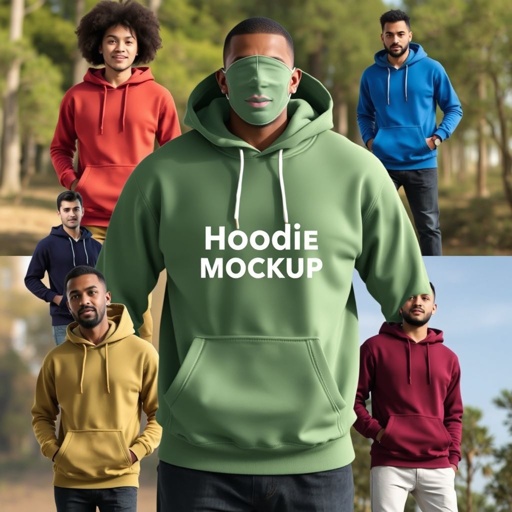 mockup design, Create a high-quality hoodie mockup showcasing a versatile, unisex design. Display the hoodie in a natural outdoor setting, emphasizing its cozy fabric and stylish fit. Incorporate diverse models of various ethnic backgrounds wearing the hoodie in different poses. Highlight the vibrant colors and customizable logo space for branding opportunities.