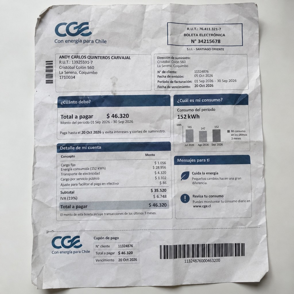 Create a statement, an electricity bill in CHILE. The A4 statement should be realistic, as if it were photographed on a phone. The document should be on a white background. The document must be for the last 3 months of October 2026. The document should contain several transactions and be wrinkled at the edges.
Name ANDY CARLOS QUINTEROS CARVAJAL
Address Cristóbal Colón 560, 1710034 La Serena, Coquimbo
R.U.T. 13925591-7
Date of birth 26.12.1979