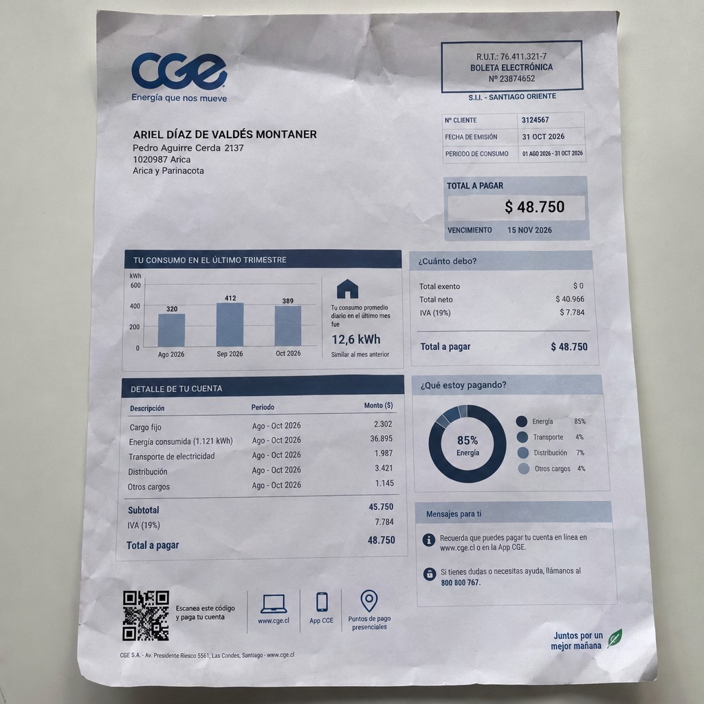 Create a statement, an electricity bill in CHILE. The A4 statement should be realistic, as if it were photographed on a phone. The document should be on a white background. The document must be for the last 3 months of October 2026. The document should contain several transactions and be wrinkled at the edges.
Name ARIEL DÍAZ DE VALDÉS MONTANER
Address Pedro Aguirre Cerda 2137, 1020987 Arica, Arica y Parinacota
R.U.T. 11206714-0
Date of birth 19.09.1967