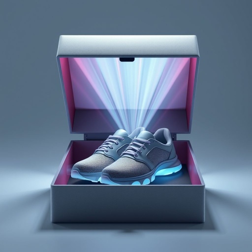 mockup design, Create an animated mockup of a sleek pair of smart shoes nestled inside an elegant, modern shoe box. As the lid opens, vibrant light rays emanate from the shoes, showcasing their innovative features. Incorporate subtle movement that highlights the shoes' design and technology, captivating viewers with a futuristic touch.