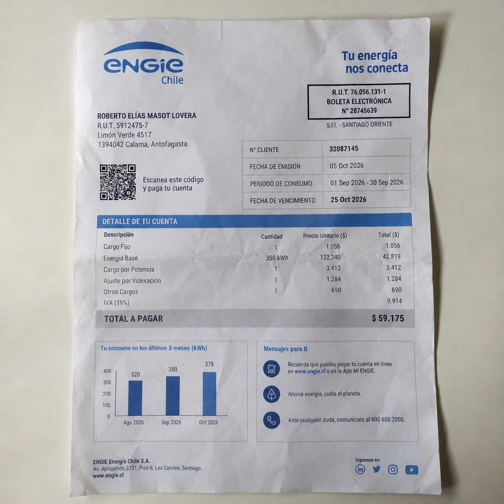 Create a statement, an electricity bill in CHILE. The A4 statement should be realistic, as if it were photographed on a phone. The document should be on a white background. The document must be for the last 3 months of October 2026. The document should contain several transactions and be wrinkled at the edges.
Name ROBERTO ELÍAS MASOT LOVERA
Address Limón Verde 4517, 1394042 Calama, Antofagasta
R.U.T. 5912475-7
Date of birth 28.01.1952