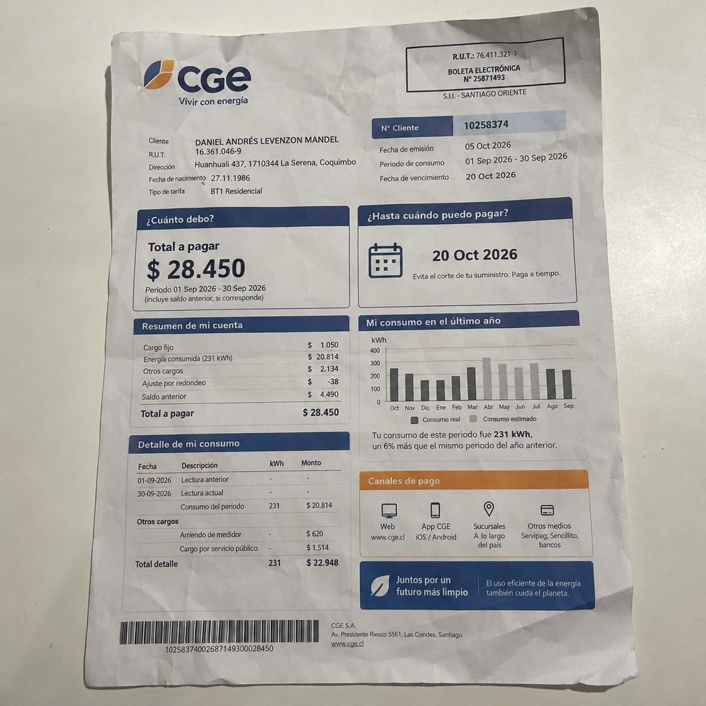 Create a statement, an electricity bill in CHILE. The A4 statement should be realistic, as if it were photographed on a phone. The document should be on a white background. The document must be for the last 3 months of October 2026. The document should contain several transactions and be wrinkled at the edges.
Name DANIEL ANDRÉS LEVENZON MANDEL
Address Huanhuali 437, 1710344 La Serena, Coquimbo
R.U.T. 16361046-9
Date of birth 27.11.1986