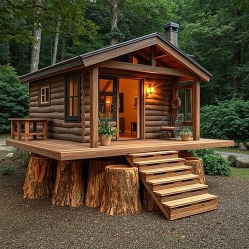 mockup design, Design a cozy, rustic home raised on stumps, featuring innovative storage drawers that seamlessly slide out from underneath. The stumps serve as a foundation, with wooden planks forming a charming deck. Incorporate natural surroundings with lush greenery and a warm, inviting entrance, highlighting functionality and aesthetic appeal in harmony.