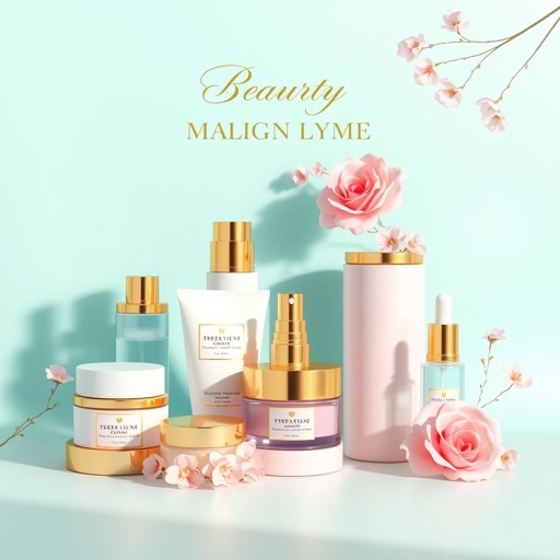 mockup design, Create a vibrant and elegant mockup design for a beauty product line. Feature luxurious packaging with soft pastel colors and gold accents. Include a variety of products like skincare, body lotion, and serums displayed against a minimalistic background. Highlight elegant typography and floral elements to enhance the overall aesthetic appeal.