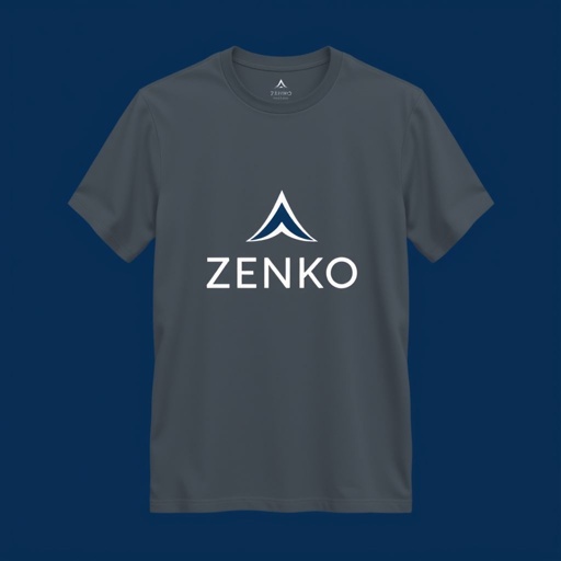 mockup design, Concevez un t-shirt moderne et épuré sous la marque ZENKO, mettant en avant des couleurs sobres comme le gris et le bleu marine. Ajoutez un logo minimaliste au centre, représentant l'équilibre et la sérénité. Utilisez une coupe ajustée pour convenir aux adultes, avec un tissu doux et confortable.