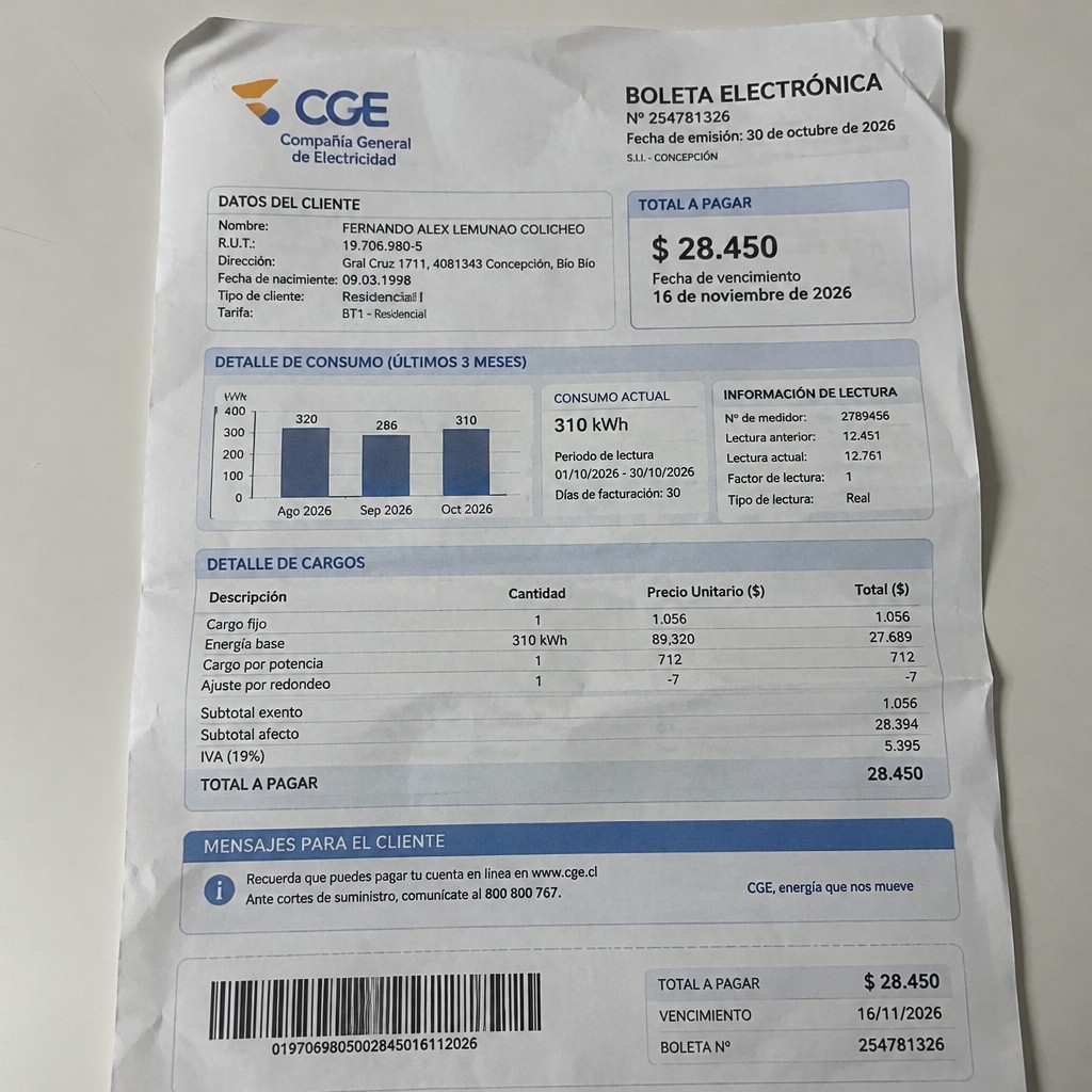 Create a statement, an electricity bill in CHILE. The A4 statement should be realistic, as if it were photographed on a phone. The document should be on a white background. The document must be for the last 3 months of October 2026. The document should contain several transactions and be wrinkled at the edges.
Name FERNANDO ALEX LEMUNAO COLICHEO
Address Gral Cruz 1711, 4081343 Concepción, Bío Bío
R.U.T. 19706980-5
Date of birth 09.03.1998
Date of discharge 30.10.2026 (OCTOBER 2026)