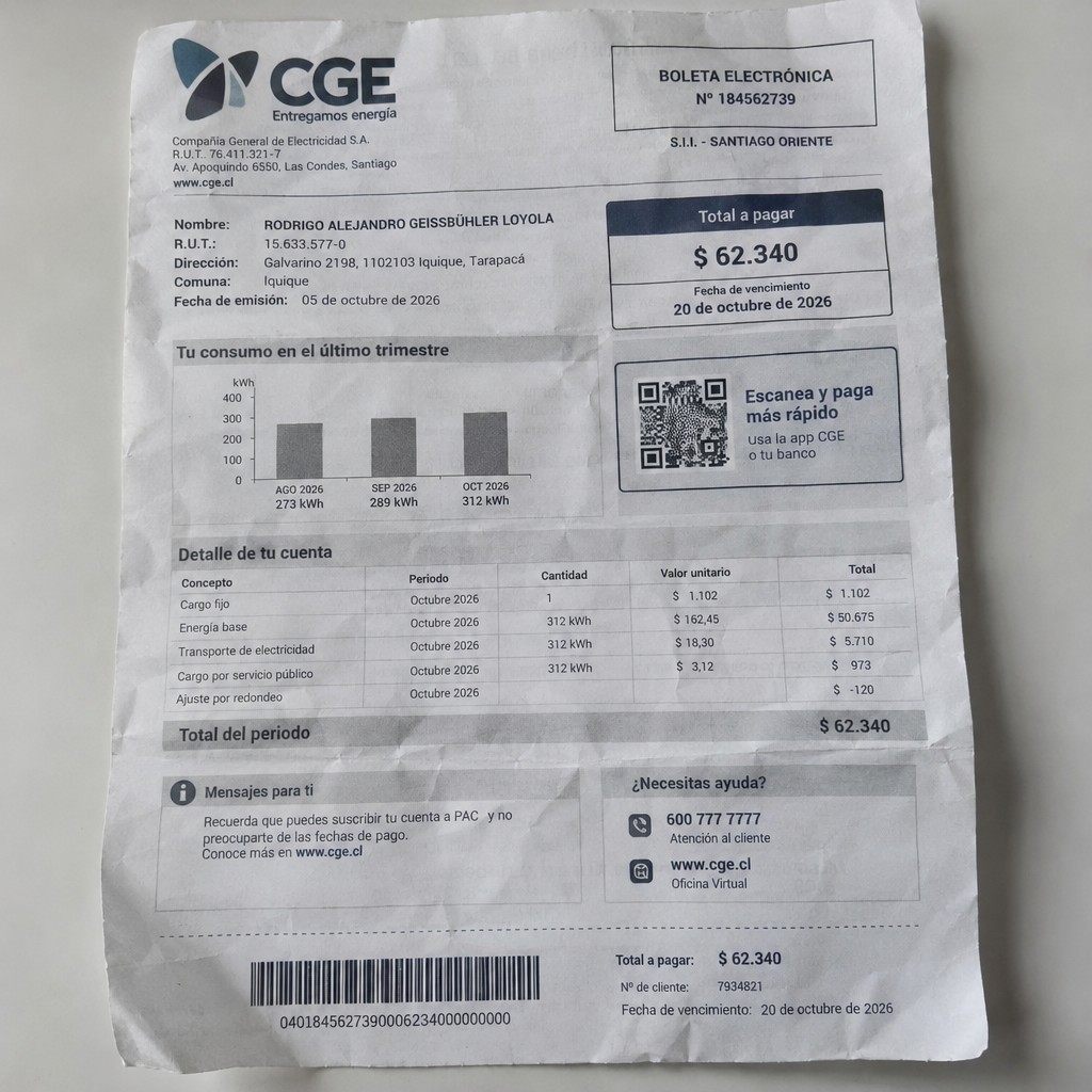 Create a statement, an electricity bill in CHILE. The A4 statement should be realistic, as if it were photographed on a phone. The document should be on a white background. The document must be for the last 3 months of October 2026. The document should contain several transactions and be wrinkled at the edges.
Name RODRIGO ALEJANDRO GEISSBÜHLER LOYOLA
Address Galvarino 2198, 1102103 Iquique, Tarapacá
R.U.T. 15633577-0
Date of birth 07.07.1983