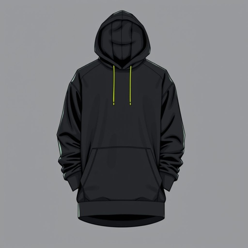 mockup design, Design a sleek, modern hoodie named "Hoodie Noï" featuring a minimalist aesthetic. Use a deep charcoal color palette with subtle neon accents. Highlight breathable, high-tech fabrics and an oversized fit. Incorporate stylish, functional elements like an adjustable hood and hidden pockets, ensuring comfort and style for urban adventures.