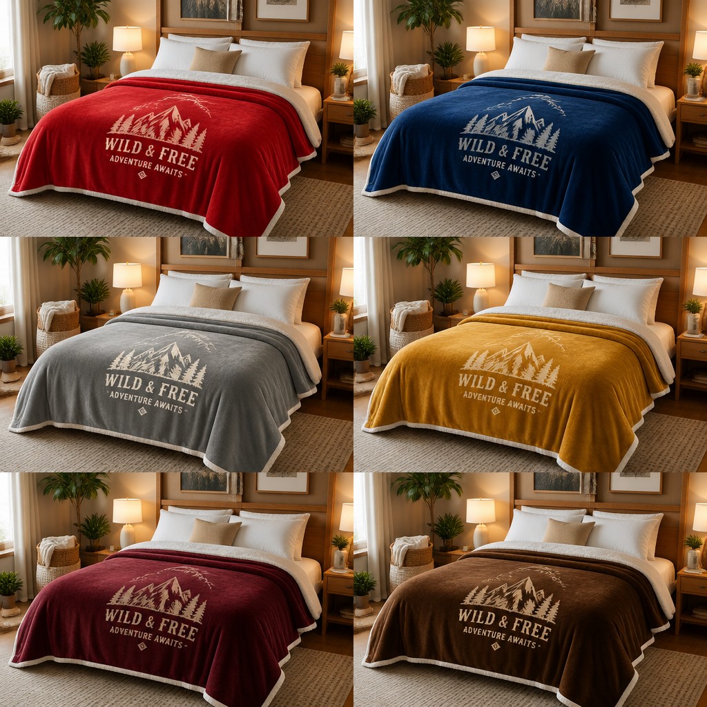 Create a realistic product mockup based on these instructions:
Design six cozy bedroom scenes featuring a fleece blanket mockup on neatly made beds. Each bed should showcase a different color of the fleece blanket: vibrant red, deep blue, soft grey, shimmering golden, rich burgundy, and warm brown. Surround the beds with stylish accessories that enhance the overall aesthetic.
Create a professional, photorealistic mockup scene. If the instructions mention a design,
artwork, logo, print or graphic, invent an original, fitting design and integrate it onto the
product realistically with proper perspective, lighting and material texture. Only show a clean,
undecorated product if the instructions explicitly ask for a blank or plain product.