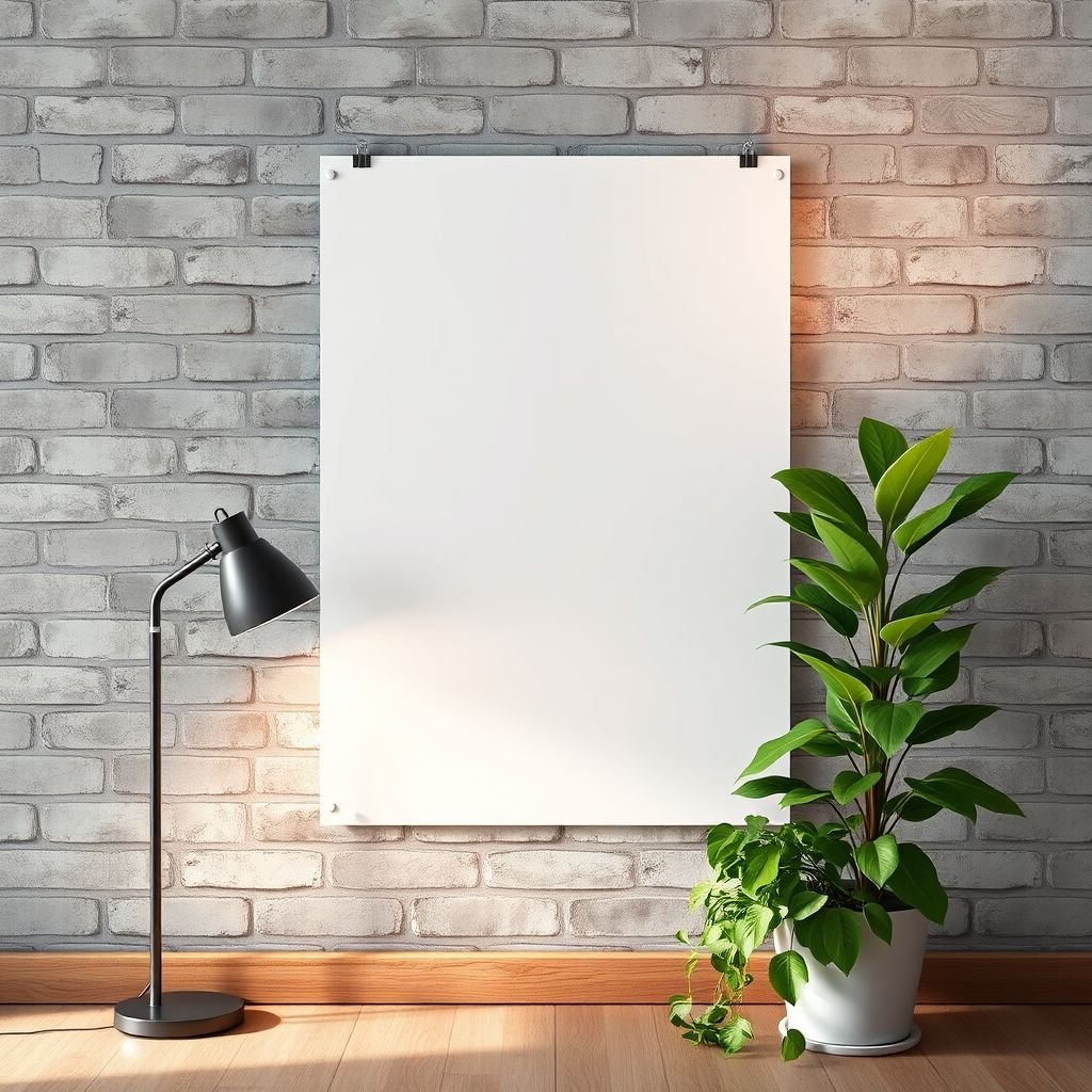 mockup design, Design a mockup featuring a blank white poster affixed to a rustic grey brick wall. Incorporate a lush green potted plant on the floor, adding a touch of nature. Position a stylish, modern lamp beside the plant, casting warm light to create an inviting atmosphere, perfect for showcasing artwork or advertisements.