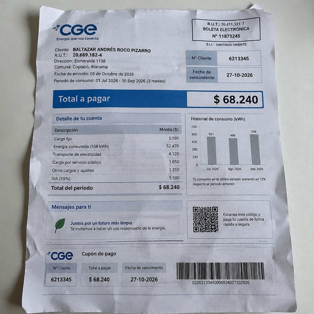 Create a statement, an electricity bill in CHILE. The A4 statement should be realistic, as if it were photographed on a phone. The document should be on a white background. The document must be for the last 3 months of October 2026. The document should contain several transactions and be wrinkled at the edges.
Name BALTAZAR ANDRÉS ROCO PIZARRO
Address Esmeralda 1138, 1530195 Copiapó, Atacama
R.U.T. 20669182-4
Date of birth 25.03.2001