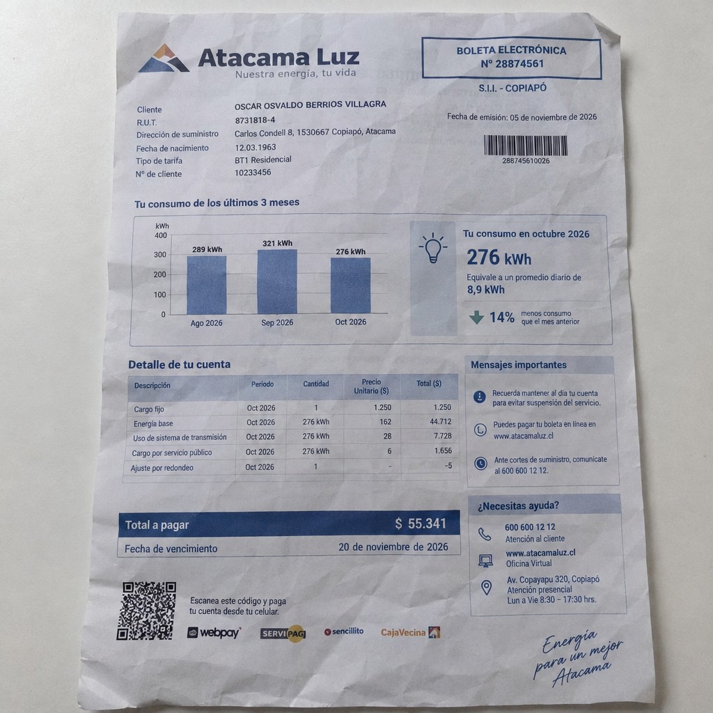 Create a statement, an electricity bill in CHILE. The A4 statement should be realistic, as if it were photographed on a phone. The document should be on a white background. The document must be for the last 3 months of October 2026. The document should contain several transactions and be wrinkled at the edges.
Name OSCAR OSVALDO BERRIOS VILLAGRA
Address Carlos Condell 8, 1530667 Copiapó, Atacama
R.U.T. 8731818-4
Date of birth 12.03.1963