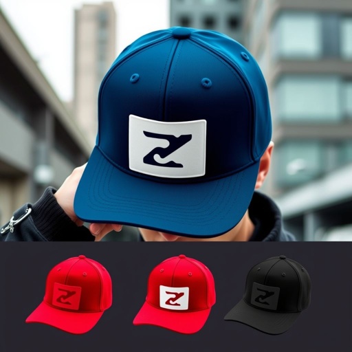 mockup design, Create a stylish mockup design of a modern baseball cap featuring a sleek, minimalist logo on the front. The hat should be shown in three diverse colors: navy blue, bright red, and classic black. Display it against an urban backdrop to emphasize its trendy appeal, appealing to fashion-forward individuals.