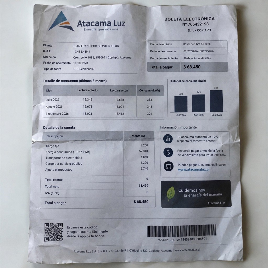 Create a statement, an electricity bill in CHILE. The A4 statement should be realistic, as if it were photographed on a phone. The document should be on a white background. The document must be for the last 3 months of October 2026. The document should contain several transactions and be wrinkled at the edges.
Name JUAN FRANCISCO BRAVO BUSTOS
Address Orompello 1086, 1530991 Copiapó, Atacama
R.U.T. 12455459-4
Date of birth 19.10.1973