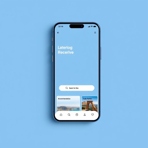 A sleek mobile app interface, minimalist design, soothing blue tones dominating the aesthetic. Bottom navigation bar, elegantly simple icons representing home, search, and profile. User-friendly single sign-on authentication screen, seamless access. Recommendations feature prominently displayed, tailored travel suggestions, clean typography, engaging visuals, inspiring wanderlust, inviting exploration, modern touch, intuitive layout.