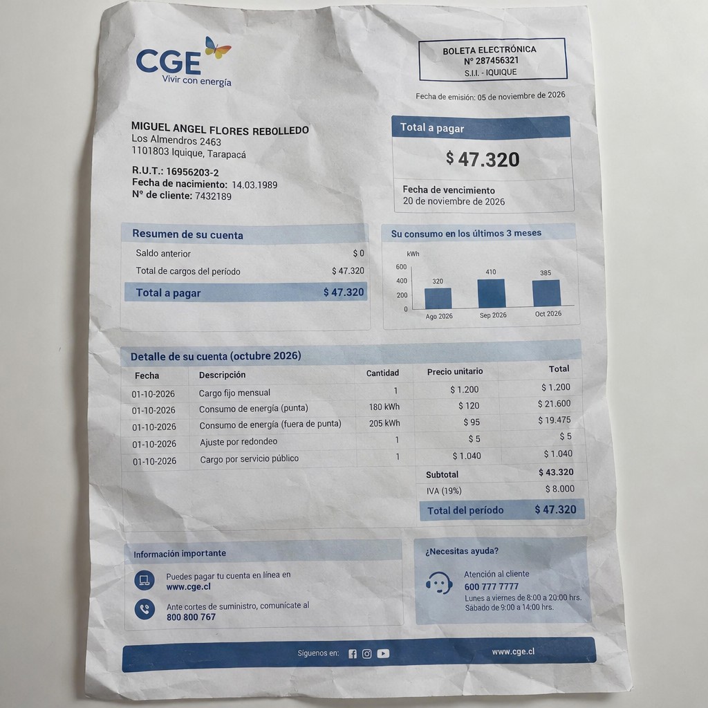 Create a statement, an electricity bill in CHILE. The A4 statement should be realistic, as if it were photographed on a phone. The document should be on a white background. The document must be for the last 3 months of October 2026. The document should contain several transactions and be wrinkled at the edges.
Name MIGUEL ANGEL FLORES REBOLLEDO
Address Los Almendros 2463, 1101803 Iquique, Tarapacá
R.U.T. 16956203-2
Date of birth 14.03.1989