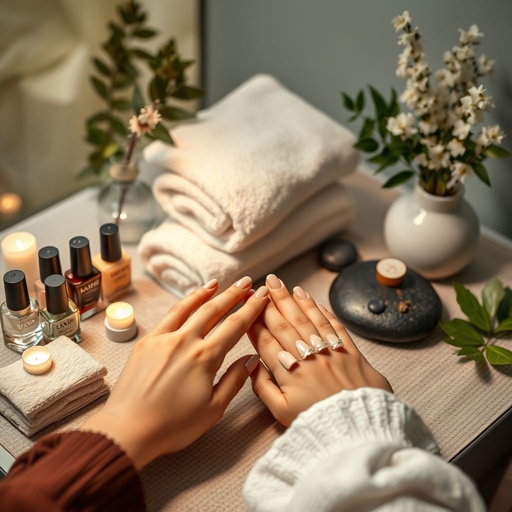 mockup design, Create a serene spa nail care mockup featuring a beautifully arranged nail station. Include luxurious polish bottles, soft towels, and natural elements like plants and stones. The background should evoke tranquility, with soft lighting and calming colors. Highlight a client enjoying a manicure, showcasing skilled hands and elegant nail art designs.