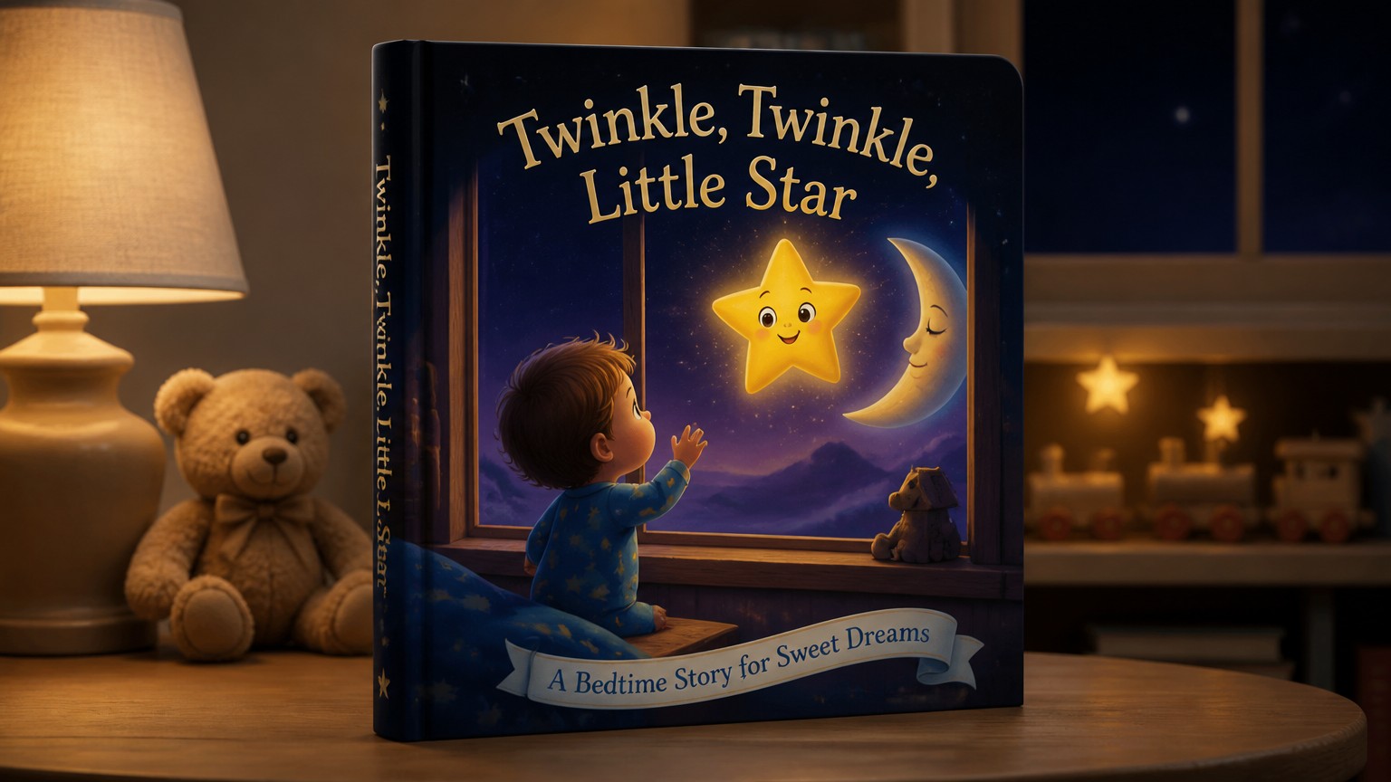 Scene 1: The Bedroom WindowTime Stamp: 0:00 - 0:10Voice-over / Lyrics: "Twinkle, twinkle, little star, how I wonder what you are."Image Prompt 1 (Main Wide Shot): A cozy, dimly lit toddler's bedroom at night. A small child in light blue pajamas looks out a wide open window. Outside, a large, friendly 3D cartoon star with a gentle smile glows with a warm yellow light in a deep purple, cloud-filled sky. High-quality 3D render, Pixar/CoComelon style, soft cinematic lighting, colorful and vibrant.Image Prompt 2 (Alternate Close-up): Over-the-shoulder shot looking from inside the dark bedroom out toward the glowing, smiling yellow star. The child's hands are resting on the wooden windowsill, looking up in awe. Same 3D style and character clothing.Scene 2: High Above the WorldTime Stamp: 0:10 - 0:20Voice-over / Lyrics: "Up above the world so high, like a diamond in the sky."Image Prompt 1 (Main Wide Shot): A sweeping macro view of the night sky, high above planet Earth. The smiling, cute 3D cartoon star is floating comfortably next to a large, crescent moon. The star sparkles intensely, casting tiny diamond-like light flares into the dark blue space. Dreamy, playful, and colorful palette.Image Prompt 2 (Alternate Close-up): Extreme close-up of the star rotating playfully, blinking one eye. Shimmering diamond sparkles float around it like a magical mist against a background of soft pastel nebula dust.Scene 3: Guiding the TravelerTime Stamp: 0:20 - 0:30Voice-over / Lyrics: "When the blazing sun is gone, when he nothing shines upon. Then you show your little light..."Image Prompt 1 (Main Wide Shot): A dark, enchanting forest path at twilight. The sun has dipped completely below the horizon. A small cartoon puppy walks along the dirt path, looking lost. Up above, the friendly yellow star peeks through the dark green tree canopy, casting a bright beacon of light directly down to guide the puppy.Image Prompt 2 (Alternate Close-up): Low-angle view looking up from the forest floor. The golden light beams from the smiling star slice through the dark leaves, illuminating the entire screen with a warm, comforting safety glow.Scene 4: The Star's Grateful WaveTime Stamp: 0:30 - 0:45Voice-over / Lyrics: "Twinkle, twinkle, little star, how I wonder what you are."Image Prompt 1 (Main Wide Shot): Camera cuts back to the child’s bedroom window from Scene 1. The small child is now smiling and waving goodbye. Outside, the smiling yellow star waves its tip back toward the child as it floats higher into the soft, purple clouds.Image Prompt 2 (Alternate Close-up): A split screen or warm side-profile shot of the child sleeping peacefully in bed under a starry blanket, while outside the window, the faint, comforting glow of the smiling star watches over the room.