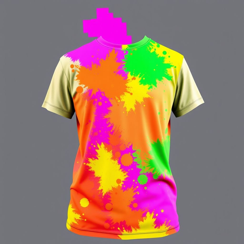 mockup design, Gestalte ein T-Shirt-Design mit großzügigen, lebendigen Klecksen in allen Neonfarben, die das Auge anziehen. Die Farben sollten dynamisch verteilt sein, um einen energiegeladenen und verspielten Look zu erzeugen. Verwende einen lässigen Schnitt und eine bequeme Stoffkombination, ideal für Sommerfestivals oder kreative Events, mit einem modernen, urbanen Flair.