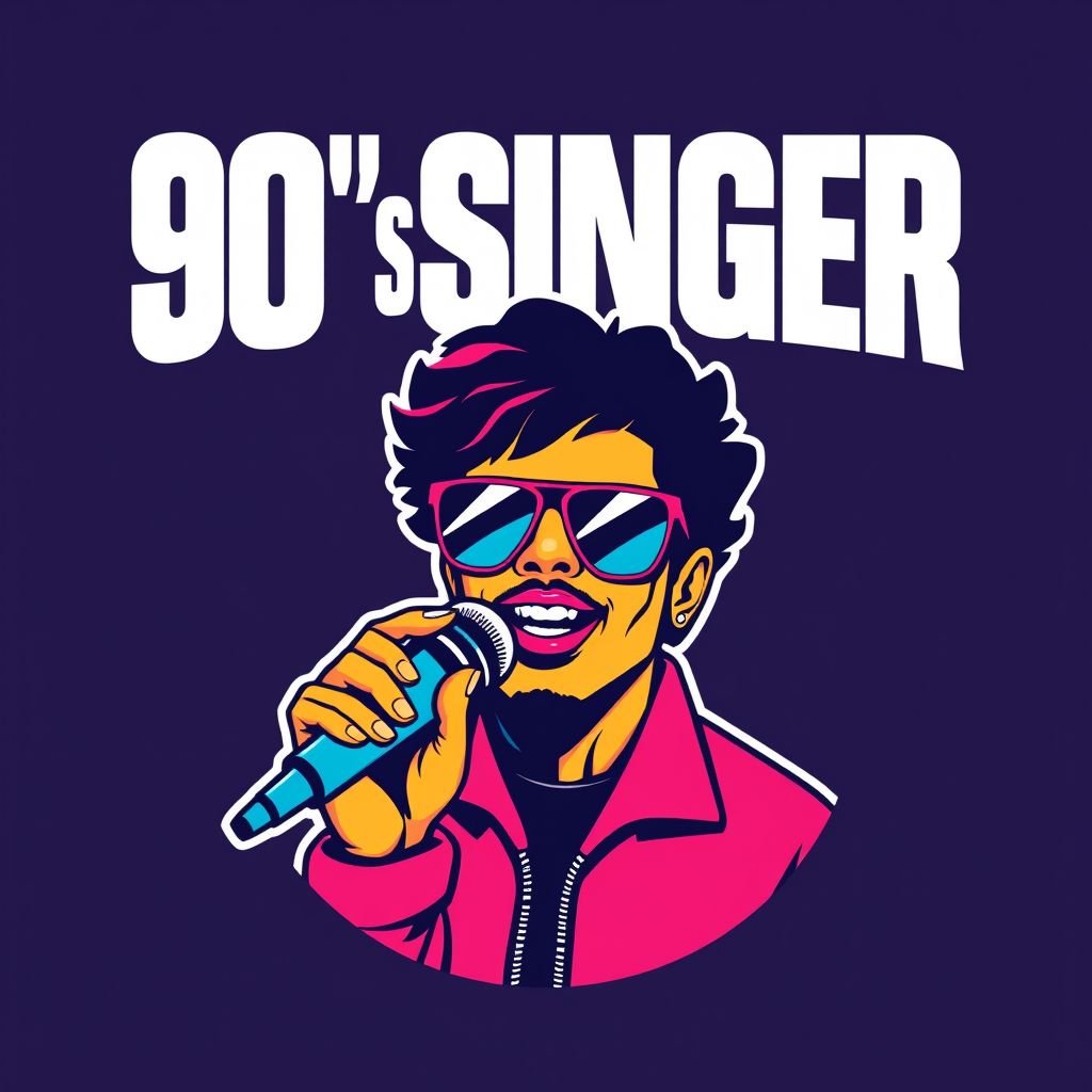 mockup design, Design a vibrant, 90’s-inspired graphic symbol representing a solo singer. Incorporate bold colors, geometric shapes, and retro typography. The figure should exude charisma and energy, capturing the essence of pop culture from that era. Features like oversized sunglasses, a vintage microphone, and playful patterns can enhance the nostalgic feel.