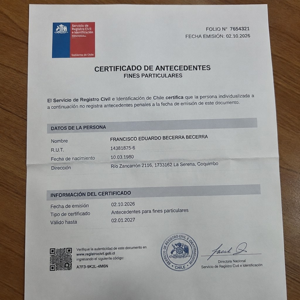 Create any statement containing the data. these can be statements such as : BANKSTATEMENT A4 format the statement should be realistic, as if it were photographed on a phone. The statement is on the same background.
Name FRANCISCO EDUARDO BECERRA BECERRA
Address
Río Zancarrón 2116, 1733162 La Serena, Coquimbo
R.U.T. 14381875-6
Date of birth 10.03.1980
Date of discharge 02.10.2026 (OCTOBER 2026)