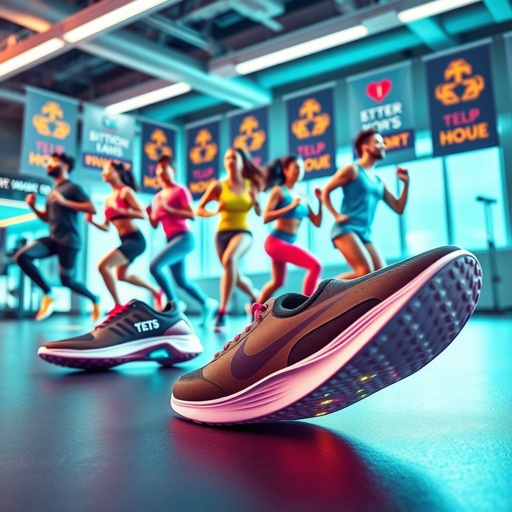 mockup design, Design a vibrant mockup showcasing a dynamic group workout scene featuring diverse participants wearing stylish smart shoes. Incorporate animated elements like digital step counters and heart rate displays on the shoes. The setting should be a modern gym with energetic colors and motivational banners, highlighting teamwork and fitness innovation.