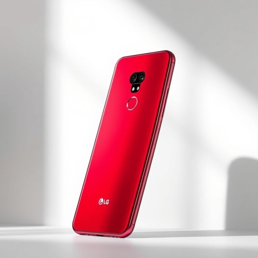 A vibrant red LG smartphone, sleek and modern. Aluminum body glistening under soft light, 6.0-inch screen showcasing crisp visuals. 32 MP camera nestled on the back, designed for stunning captures. A powerful 4500 mAh battery for lasting energy. Sailfish OS interface, smooth and user-friendly, offering 5G connectivity. Budget-friendly elegance.
