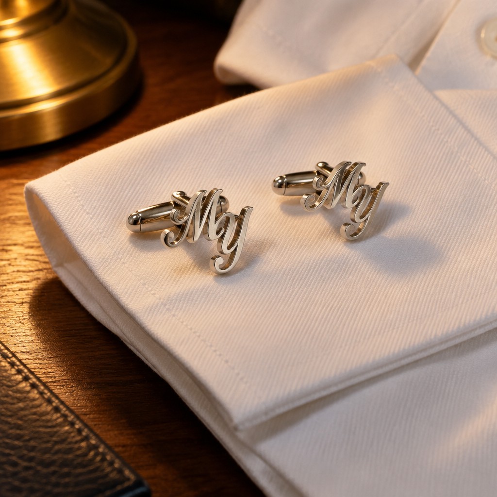 A pair of silver cufflinks with the cursive initials “MY” where the M is slight higher than the Y resting on a folded white dress shirt cuff, warm tungsten desk lamp light, close-up angle with soft shadow, no watermarks, no text overlays.