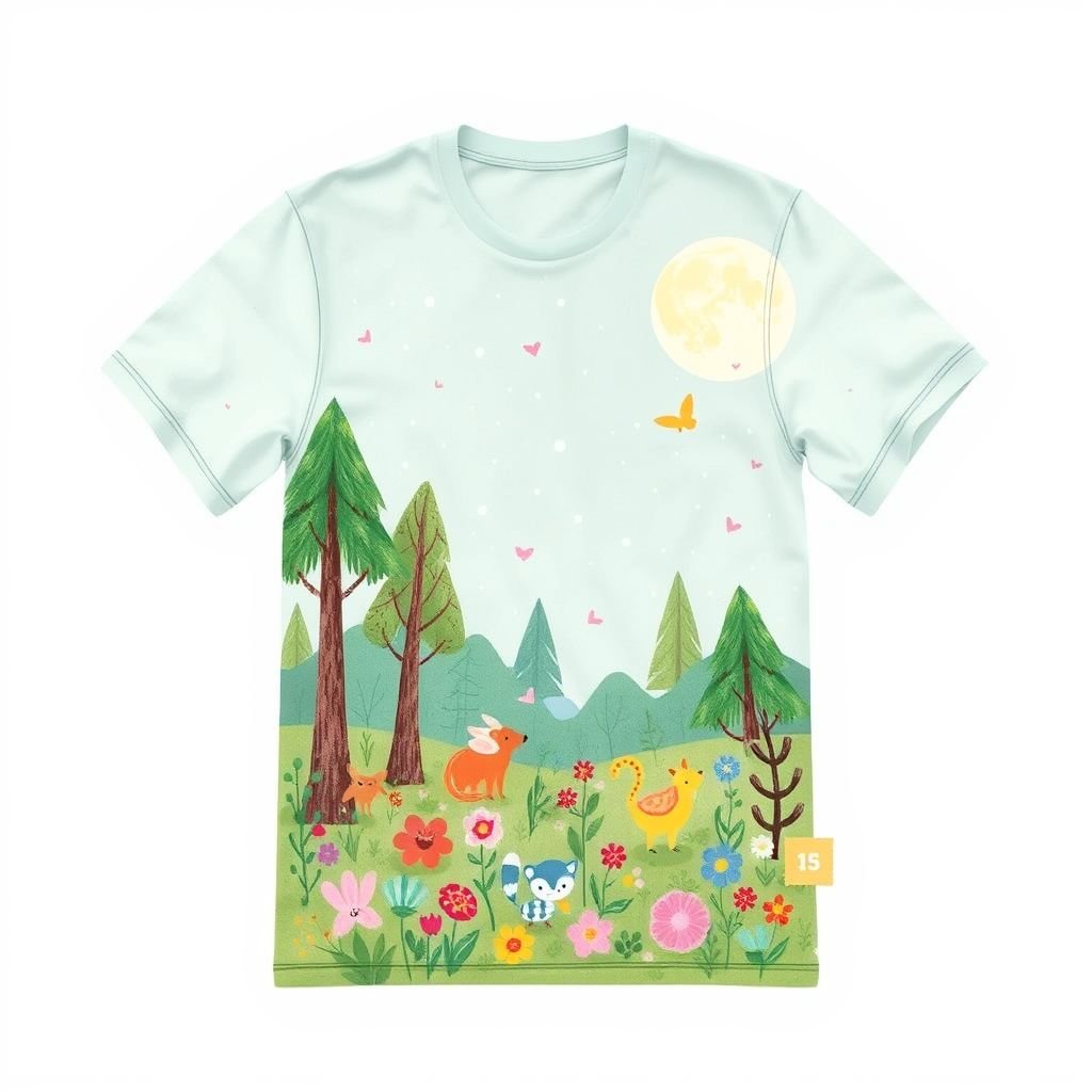 mockup design, Design a vibrant t-shirt that features a whimsical, hand-drawn illustration of a magical forest scene. Incorporate elements like a moonlit sky, playful woodland creatures, and colorful flowers. Use a soft, eco-friendly fabric in pastel colors, with the illustration placed prominently on the front and a small logo on the back.