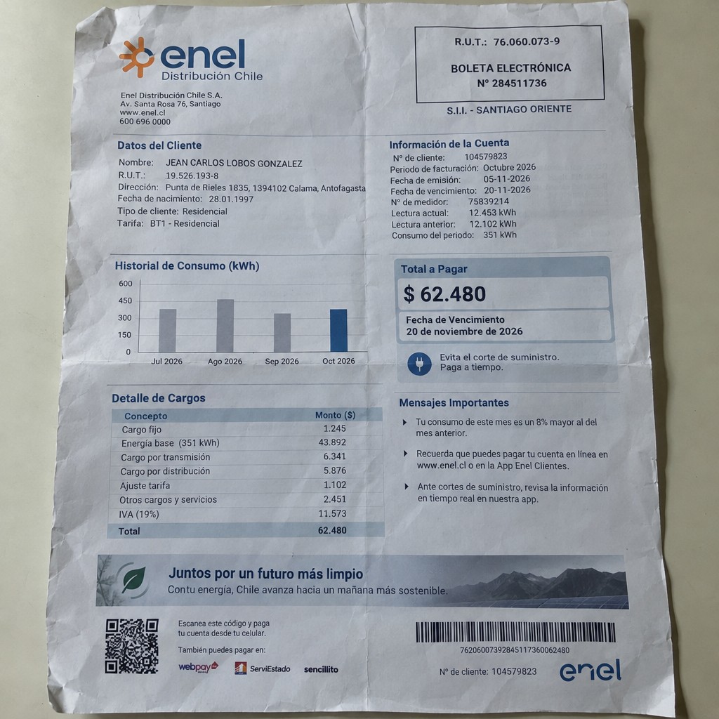 Create a statement, an electricity bill in CHILE. The A4 statement should be realistic, as if it were photographed on a phone. The document should be on a white background. The document must be for the last 3 months of October 2026. The document should contain several transactions and be wrinkled at the edges.
Name JEAN CARLOS LOBOS GONZALEZ
Address Punta de Rieles 1835, 1394102 Calama, Antofagasta
R.U.T. 19526193-8
Date of birth 28.01.1997