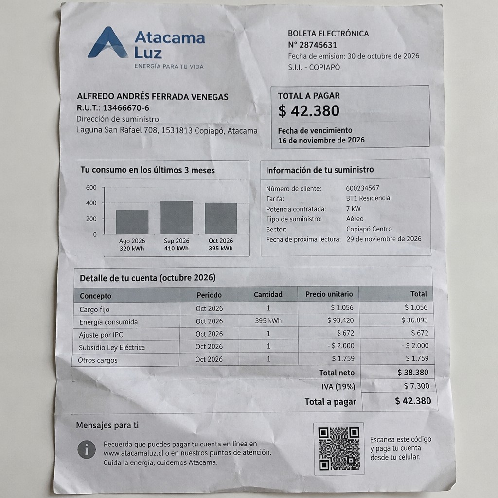 Create a statement, an electricity bill in CHILE. The A4 statement should be realistic, as if it were photographed on a phone. The document should be on a white background. The document must be for the last 3 months of October 2026. The document should contain several transactions and be wrinkled at the edges.
Name ALFREDO ANDRÉS FERRADA VENEGAS
Address Laguna San Rafael 708, 1531813 Copiapó, Atacama
R.U.T. 13466670-6
Date of birth 14.06.1978