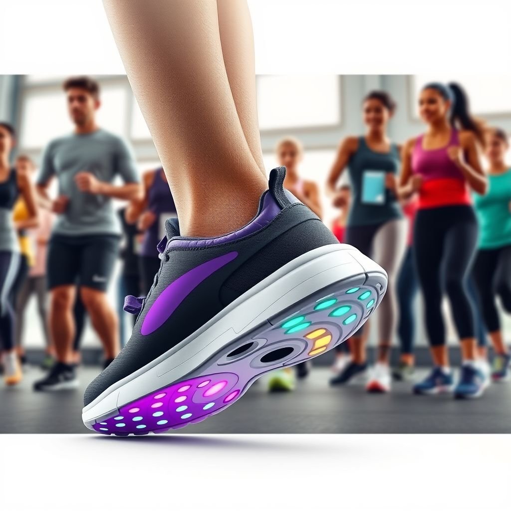 mockup design, **Mockup Design Prompt Expanded:** Create a visually dynamic mockup of the SmartShoes Team Edition, emphasizing its sleek design and technological features. Showcase the shoes in action during a vibrant group workout, highlighting customizable training plans and interactive leaderboards on digital displays. Include diverse users engaging in team challenges, exuding camaraderie and motivation. Illustrate the innovative sole technology and app interface for real-time feedback. Integrate visually striking graphics that emphasize community and social interaction, setting the SmartShoes apart in a competitive fitness market focused on collaboration and shared goals. Use colors that evoke energy and teamwork.
