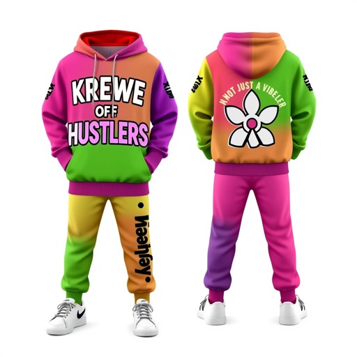 mockup design, Create a vibrant mockup design of kids' jogger sets featuring playful colors and graphics. Showcase the phrase "Krewe Of Hustlers" prominently on the front, while the back features a fun symbol representing unity and creativity. Add the catchy tagline “Not Just A Vibe~ It’s A Krewe” for a motivational touch.