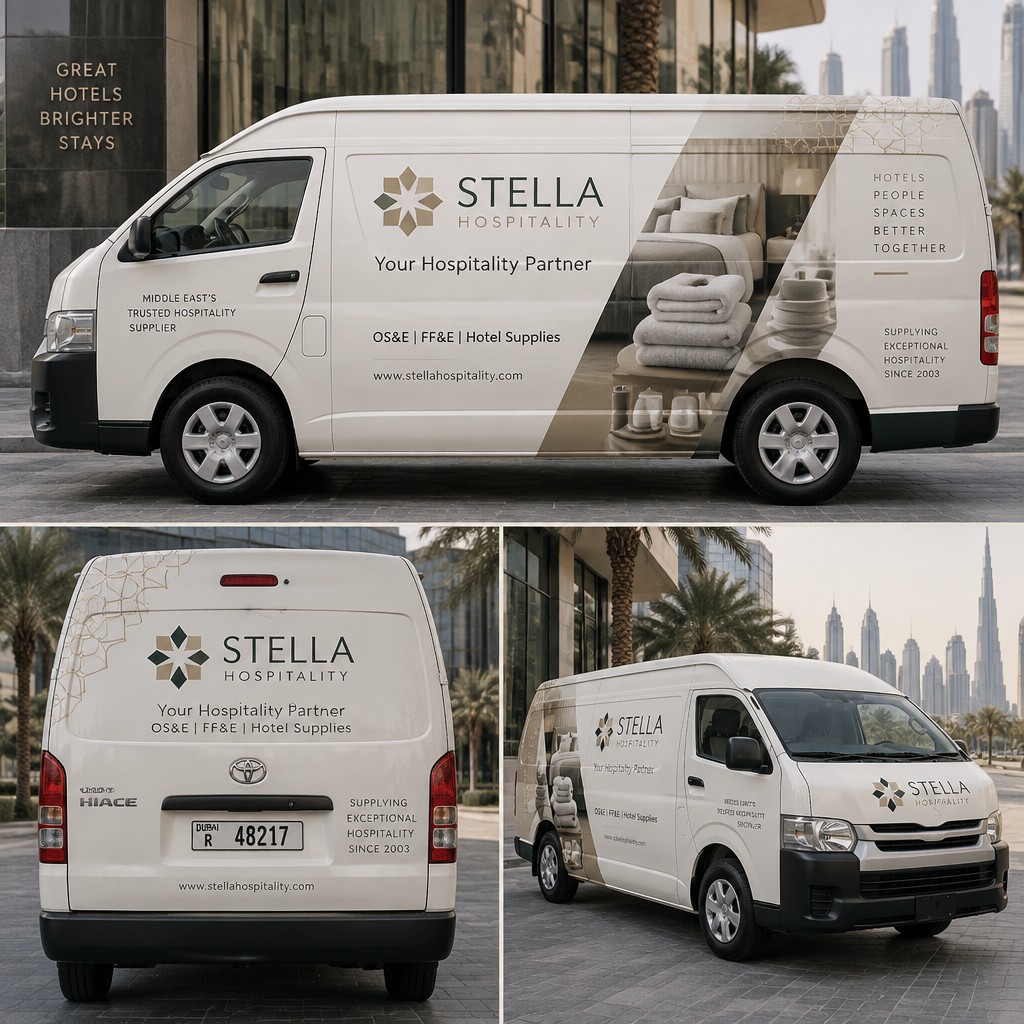 Create a premium professional vehicle wrap design for “Stella Hospitality,” a leading hospitality supplies and hotel procurement company serving hotels across the Middle East.
The van should communicate professionalism, reliability, scale, premium hospitality, and 20+ years of industry experience.
Use a clean white or warm off-white base with Stella Hospitality's official brand colors and logo. Keep the design sophisticated and corporate, with a strong but minimal visual identity.
Feature the Stella Hospitality logo prominently on both sides and the rear of the van.
Include the tagline:
“Your Hospitality Partner”
Also include:
OS&E | FF&E | Hotel Supplies
www.stellahospitality.com
Visually communicate that Stella Hospitality supplies hotels and hospitality businesses, using subtle, elegant imagery or line-art references to:
Hotel rooms
Bedding and linens
Towels
Guest room amenities
Tableware and hotel supplies
Furniture / FF&E
The design should feel like a premium hotel supplier, not a generic delivery company.
Create a strong visual flow across the side panels while keeping plenty of negative space. Use sophisticated typography, clean geometric elements, subtle hospitality-inspired patterns, and carefully balanced branding.
Avoid: cartoon graphics, excessive product images, busy layouts, cheap-looking commercial designs, excessive text, random icons, bright colors, gradients, or generic logistics/delivery imagery.
Make the final result look like a real professionally branded corporate fleet vehicle belonging to a major Middle Eastern hospitality supplier, photographed as a realistic vehicle wrap mockup.