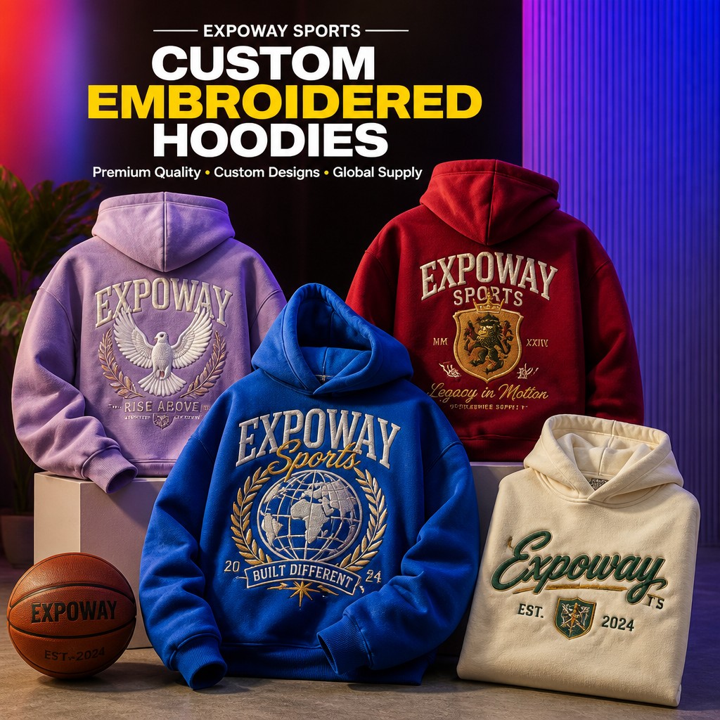 Create a premium, highly attractive Instagram advertisement for EXPOWAY SPORTS, showcasing a collection of trendy embroidered streetwear hoodies.
Display 3–4 premium oversized hoodies in visually striking modern colors such as washed lavender, electric blue, deep burgundy, cream/off-white, forest green, and vibrant orange, arranged in an aesthetically pleasing fashion campaign composition.
Each hoodie features large, artistic, dimensional embroidered graphics, with rich thread colors, raised embroidery, intricate stitching and highly realistic textile detail. Use contrasting embroidery colors that make the designs immediately eye-catching.
Give the hoodies a modern oversized/drop-shoulder streetwear fit, heavyweight premium fabric, structured hood, thick ribbed cuffs and realistic natural folds.
Create a bright, colorful editorial studio environment with bold gradient lighting, subtle colored shadows and contemporary graphic elements. The overall image should feel young, energetic, fashionable and premium, designed to stop people from scrolling on Instagram.
Add clean premium typography:
EXPOWAY SPORTS
CUSTOM EMBROIDERED HOODIES
Premium Quality • Custom Designs • Global Supply
Make it look like a major international streetwear brand campaign, not a generic clothing catalog or supplier advertisement.
Photorealistic, vibrant colors, luxury fashion photography, detailed embroidery, realistic fabric texture, dramatic lighting, high contrast, editorial composition, 4:5 Instagram format, ultra-detailed, premium commercial advertising, no clutter, no watermark, no random logos.