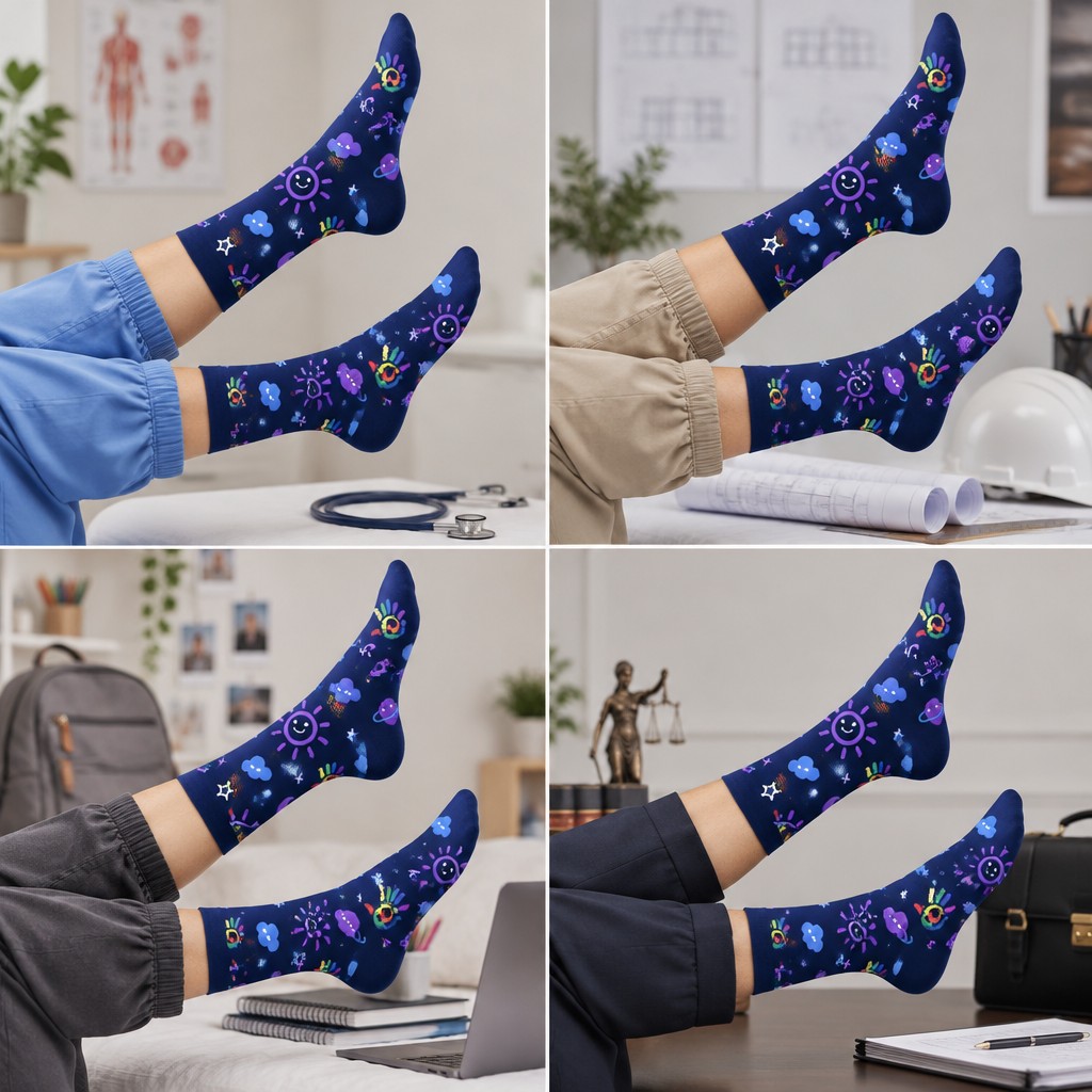 Crea cuatro fotografías publicitarias realistas de medias con mi print adjunto. Usa la imagen de referencia para la posición de los pies: piernas levantadas en diagonal, un pie más alto que el otro y pies de perfil con las puntas hacia arriba.
En todas las imágenes, los pies deben estar sin zapatos. El pantalón debe quedar recogido por encima de las medias, dejando ver parte de la pierna y el diseño completo. Aplicar mi print desde la punta del pie hasta el borde superior de ambas medias, adaptándolo a la textura y curvatura de la tela y respetando sus colores y formas. No incluir las cerezas de la referencia. Fondo claro, luz suave, composición vertical y enfoque principal en las medias. Sin texto ni marcas de agua.
1. MÉDICO: persona con uniforme médico tipo scrub y pantalón de corte jogger recogido por encima de las medias. Incluir un estetoscopio discretamente en el entorno para reforzar la profesión.
2. ARQUITECTO: persona con pantalón de trabajo beige recogido por encima de las medias. Incluir planos enrollados, una regla de escala y un casco blanco discretamente en el entorno.
3. ESTUDIANTE: persona con pantalón casual tipo jogger recogido por encima de las medias. Incluir una mochila, cuadernos y una computadora portátil discretamente en el entorno.
4. ABOGADO: persona con pantalón de vestir de traje oscuro recogido por encima de las medias. Incluir un maletín y documentos discretamente en el entorno, con una estética profesional y elegante.
Generar cada fotografía por separado, manteniendo la misma pose, iluminación y encuadre para que las cuatro formen una campaña coherente.