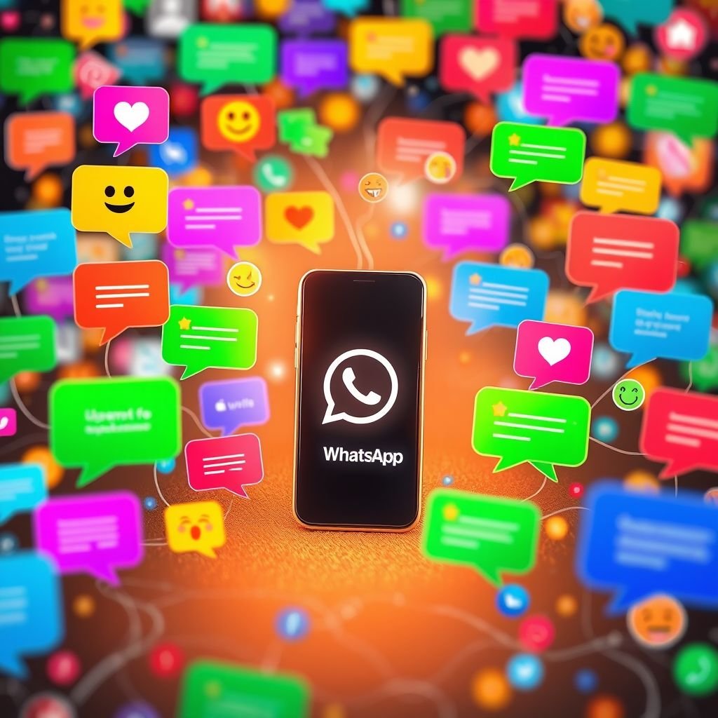 A vibrant digital landscape filled with colorful chat bubbles, each featuring playful emojis and notifications. A smartphone at the center, glowing softly with the WhatsApp logo. Floating icons representing friends and connections, surrounded by swirling lines of text. A backdrop of abstract social media symbols, creating a lively, interconnected atmosphere.
