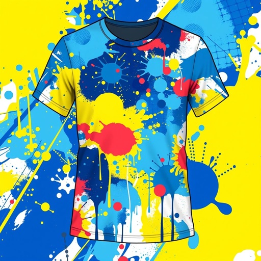 mockup design, Create a vibrant mockup design for a t-shirt featuring an abstract paint splash theme. Incorporate a variety of bold colors like blues, yellows, and reds, blending together with drips and splatters. The shirt should have a casual, artistic vibe, ideal for creative individuals. Use a trendy, modern fit silhouette.