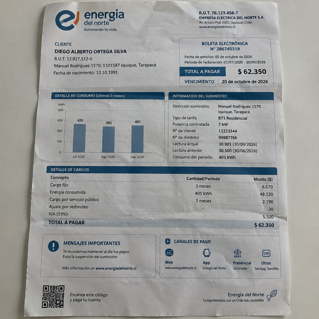 Create a statement, an electricity bill in CHILE. The A4 statement should be realistic, as if it were photographed on a phone. The document should be on a white background. The document must be for the last 3 months of October 2026. The document should contain several transactions and be wrinkled at the edges.
Name DIEGO ALBERTO ORTEGA SILVA
Address Manuel Rodríguez 1570, 1101587 Iquique, Tarapacá
R.U.T. 17927512-0
Date of birth 13.10.1991