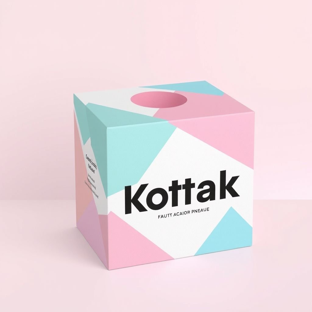 mockup design, Buatlah mockup desain kotak dari kardus berbentuk persegi panjang dengan dimensi 30x20x10 cm. Tambahkan elemen visual menarik, seperti pola geometris di permukaan, dan variasi warna pastel. Sertakan stiker branding di satu sisi dan tutup yang mudah dibuka, memberikan kesan ramah lingkungan dan modern. Tampilkan di latar belakang minimalis.
