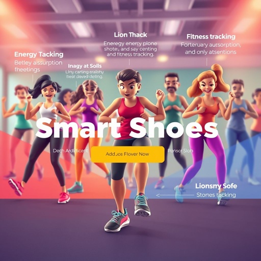 mockup design, Create a vibrant animated mockup featuring a diverse group of participants engaged in an energetic workout session. Each individual showcases the latest tech Smart Shoes, highlighting their unique features like energy absorption and fitness tracking. Incorporate dynamic visuals, upbeat music, and colorful graphics to emphasize motivation and community spirit in fitness.