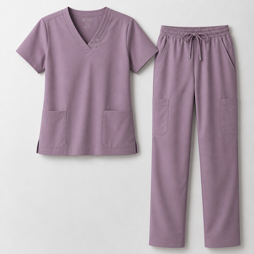 Generate a realistic 3D model of a medical scrub set consisting of a short‑sleeve V‑neck top with two small buttons near the neckline and matching straight‑cut pants with visible side pockets.
Fabric texture: lightweight cotton/polyester blend, matte with a slight natural sheen.
Fit: relaxed and comfortable, natural drape without exaggerated creases.
Details: emphasize neckline buttons and pant pockets.
Rendering style: soft lighting, editorial look, neutral background (light gray or white).
No mannequin or human figure — only the scrub garment displayed.”