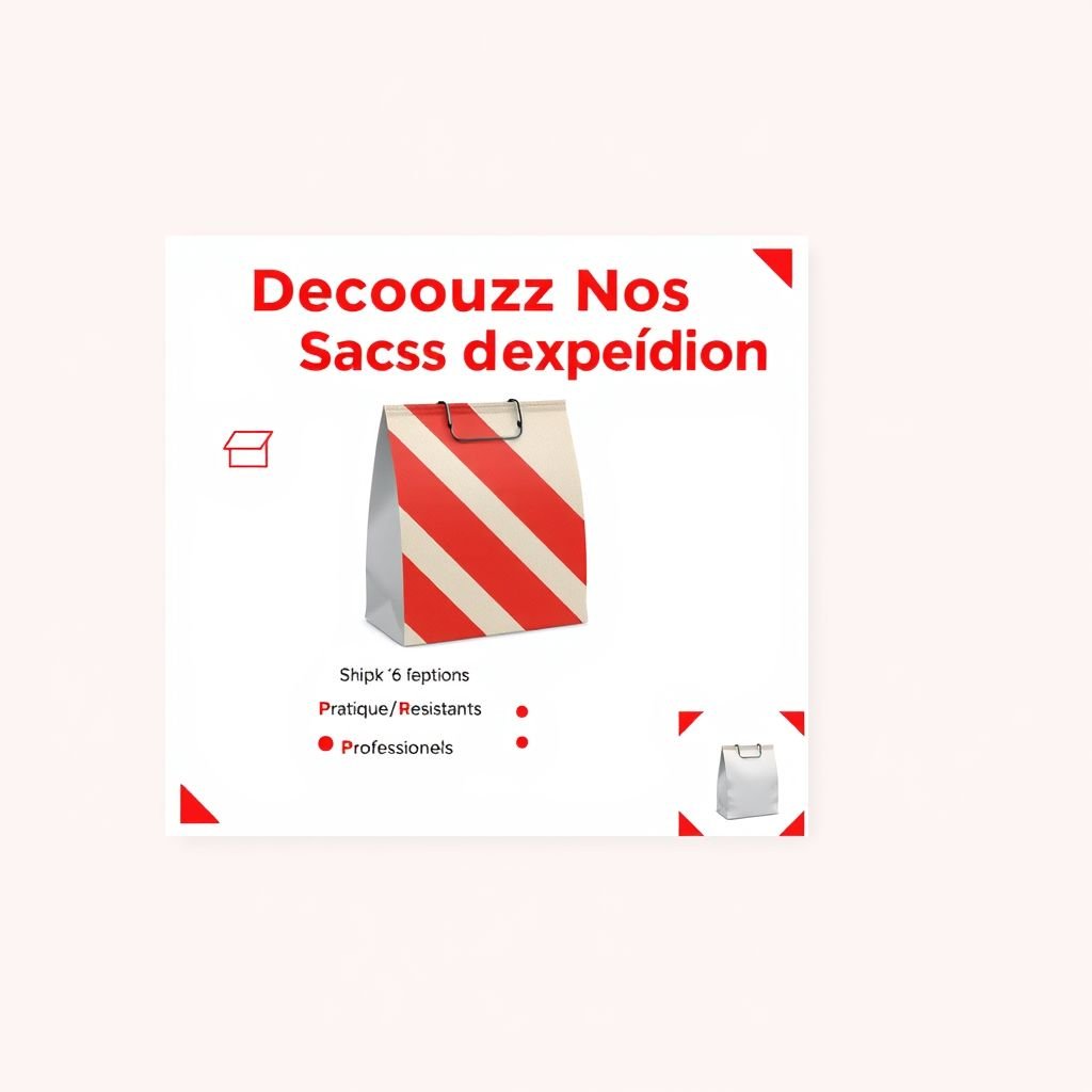 mockup design, **Instagram Carousel Design Mockup: Shipping Bags (Red & White Theme)**
**Slide 1 (Cover)**
- A pristine white background adorned with bold red accents.
- Eye-catching headline: “Découvrez Nos Sacs d’Expédition” in a striking red & black sans-serif font.
- Accompanying icon: a simple, minimalist box graphic next to the title.
- Central visual: a sleek shipping bag (options: kraft or white) featuring dynamic red diagonal stripes or a minimalistic red design.
- Below, engaging bullet points: “Pratiques,” “Résistants,” “Professionnels,” highlighted with red bullet dots for emphasis.
- Inject decorative red corner elements or playful dots for added flair.
**Slides 2–7 (Sizes)**
- Consistent layout with a white background contrasted by a bold red border or accents.
- Each slide features a centered bag mockup showcasing its size—either empty or partially filled for visual interest.
- Prominently display the size label in big, bold red text (e.g., 15x25 cm).
- Optional enticing subtext elaborating on the bag's purpose or ideal product usage beneath.
- Integrate subtle scale lines or a measuring tape graphic beside the bag to enhance size perception.
- Maintain a minimalistic approach, using uniform fonts and color palettes across all slides for cohesive branding.
**Slide 8 (Final CTA)**
- Classic white background with a bold red frame or a standout bottom banner.
- Inviting text reads: “Prêts à Expédier ? 📦” in large, attention-grabbing font.
- Below, a compelling call to action: “Commander Maintenant” bolded in red for urgency.
- Feature your branding: logo or Instagram handle at the bottom for clear identification.
- Ensure the layout remains clean, straightforward, and visually appealing for maximum clarity.
**Color Palette:**
- Bright white background for cleanliness.
- Vibrant red: #E10600 for striking visual interest.
- Black as a secondary color for essential text accents.
**Fonts:**
- Sans-serif and bold for headings to maintain modernity.
- Overall design should convey a clean, contemporary aesthetic for user-friendliness.