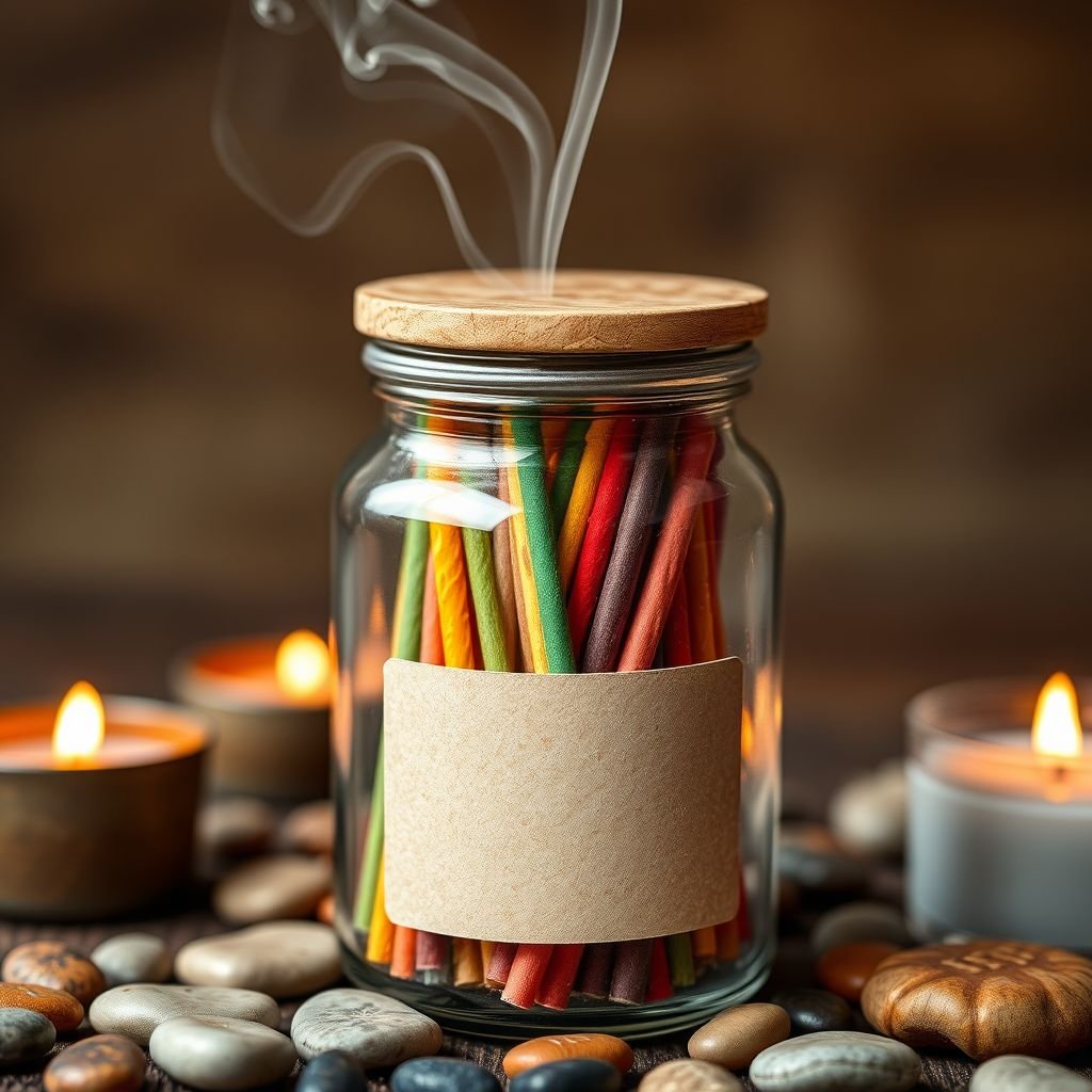 mockup design, Design a rustic glass jar filled with colorful, swirling incense sticks that emit soft tendrils of smoke. The jar should have a subtle wooden lid, and feature a blank, textured label for customization. Surround the jar with a serene setting, including pebbles and candles, evoking a tranquil, aromatic atmosphere.
