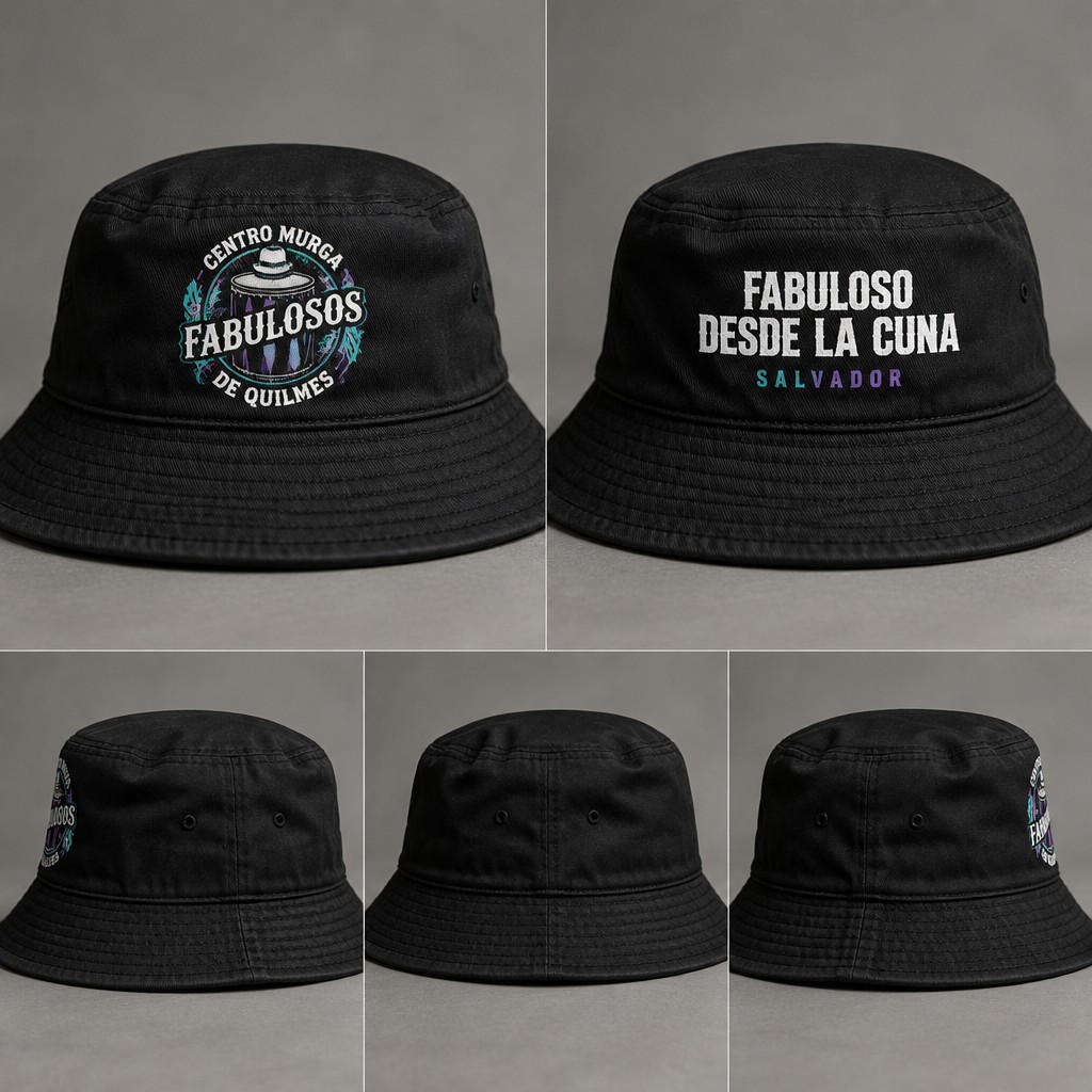 Create a photorealistic black bucket hat for Centro Murga Fabulosos de Quilmes. Use my uploaded original logo as a direct screen print on the front, preserving its exact design and colors. On the back, print the phrase “FABULOSO DESDE LA CUNA” in bold white uppercase letters, with “SALVADOR” underneath in smaller turquoise and purple lettering. Matte black fabric, realistic stitching, professional streetwear product photography. Show front, back and side views. No embroidery, no patches, no additional text.