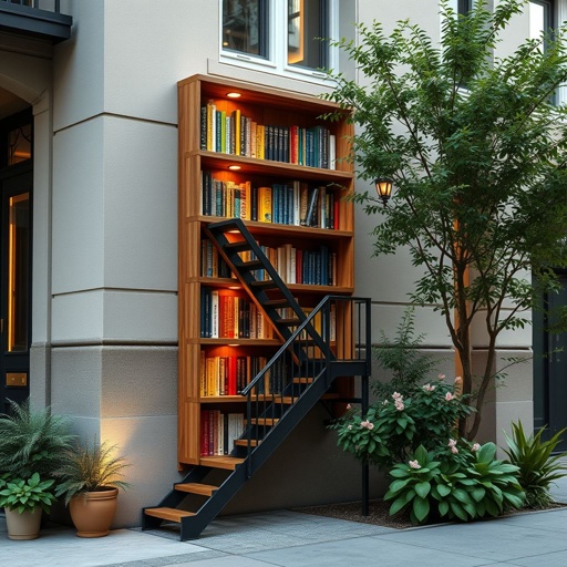 mockup design, Design a unique six-stair fire escape resembling an artistic bookshelf, seamlessly integrated into the side of a building. Position the escape just five feet above ground level, with vibrant book spines visible on each step. Surround it with lush plants and warm ambient light to enhance its aesthetic appeal and functionality.