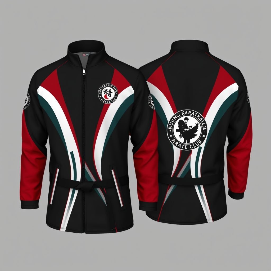 mockup design, Desain mockup jaket sporty dengan kombinasi warna hitam dan merah marun yang mencolok. Pada dada kanan, terdapat logo Oshinabu yang modern dan dinamis, sedangkan di dada kiri, logo Bandung Karate Club dengan sentuhan tradisional, memberikan kesan elegan. Bahan jaket yang nyaman dan tahan lama, cocok untuk berbagai aktivitas.
