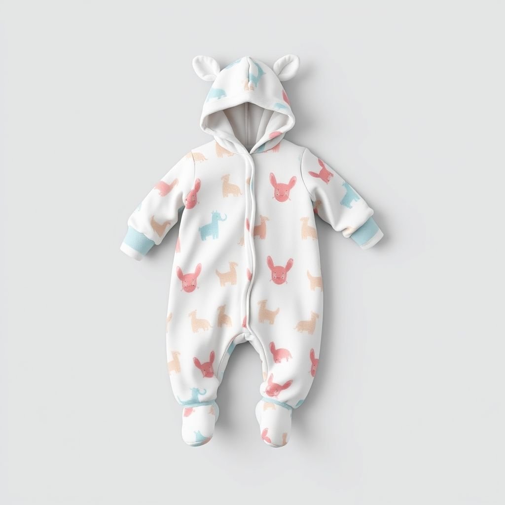 mockup design, Create a cozy mockup design of a baby sleep suit made from soft, breathable fabric. Incorporate pastel colors like baby blue and soft pink, with adorable animal prints. Include features such as fold-over mittens and a detachable hood for warmth. Emphasize comfort and safety, suitable for peaceful nighttime sleep.